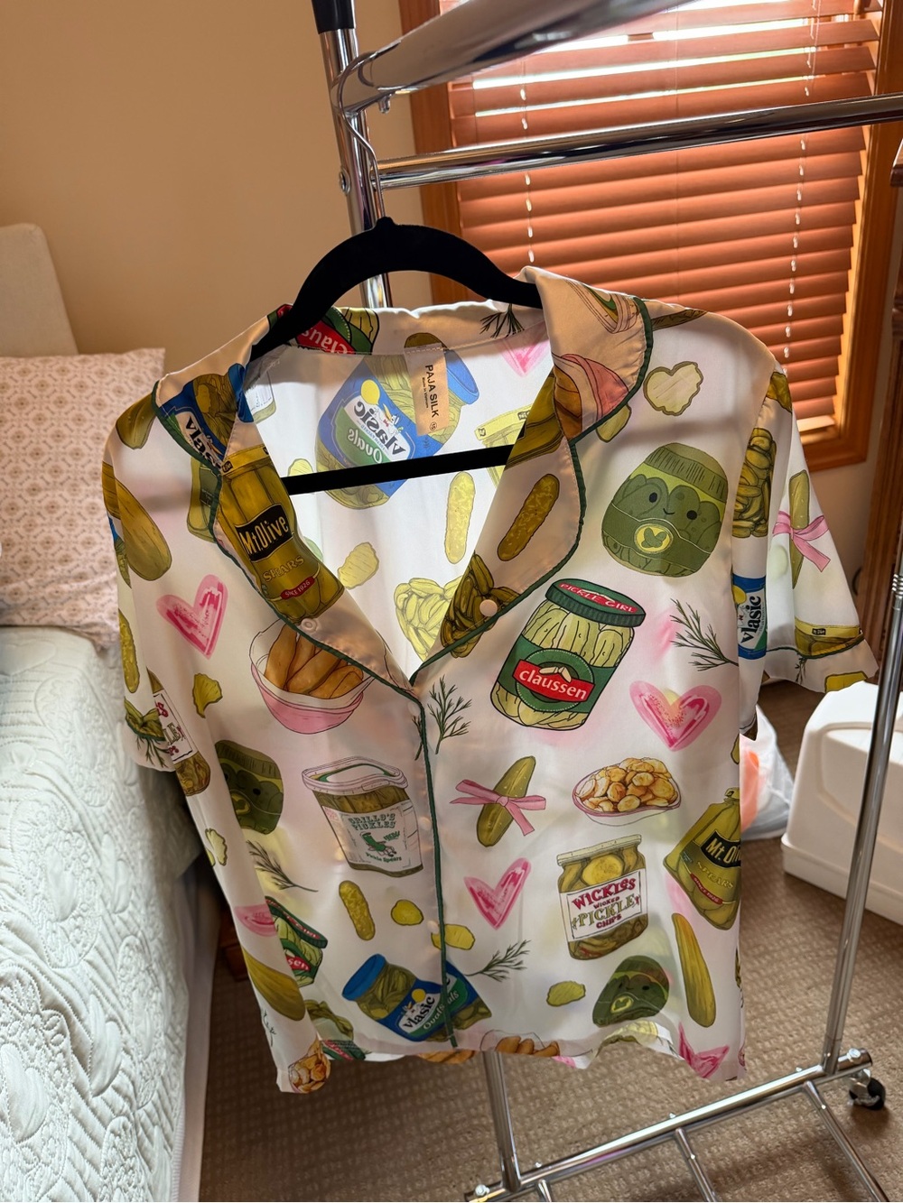 Pickle Print Short Sleeve Button Shirt - White Base with Green & Pink Accents